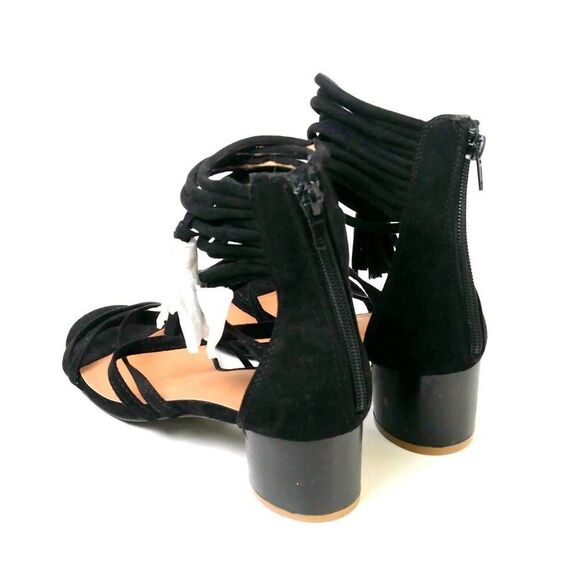 Qupid BLACK MAN MADE SUEDE LEATHER STRAPPY TASSEL ZIP BACK 2"HEEL SLINGBACK 7 US - Picture 3 of 8